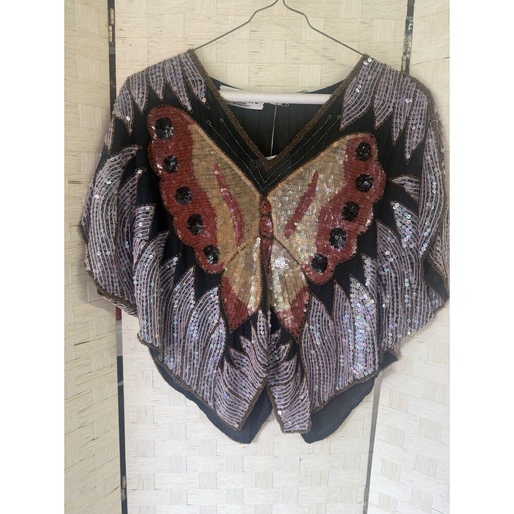 ST. Honore Butterfly 100% silk beaded sequins evening blouse Top STUNNING